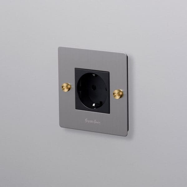 Buster Punch EU El Electricity 1G Wall Plate Schuko Socket Eluttag Coin Caps Steel Stal Brass Massing 1 Sq