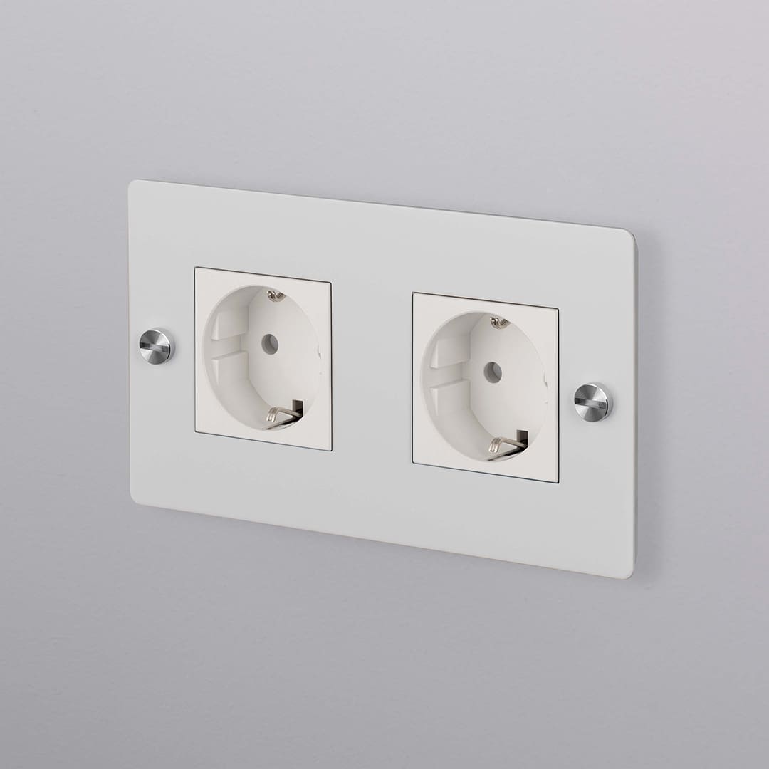 Buster Punch EU El Electricity 2G Wall Plate Horizontal Schuko Socket Eluttag Coin Caps White Vit Steel Stal 1 Sq