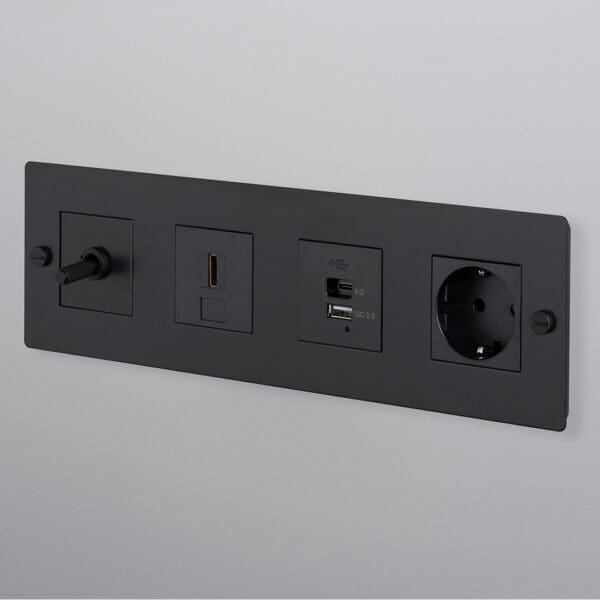 Buster Punch EU El Electricity 4G Wall Plate Toggle Switch Strombrytare HDMI USB Schuko Socket Eluttag Coin Caps Black Svart 1 Sq